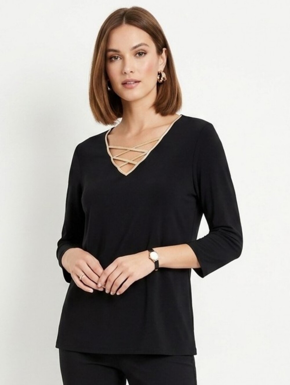 Black Gold Crisscross V-Neck 3/4 Sleeve Top Large